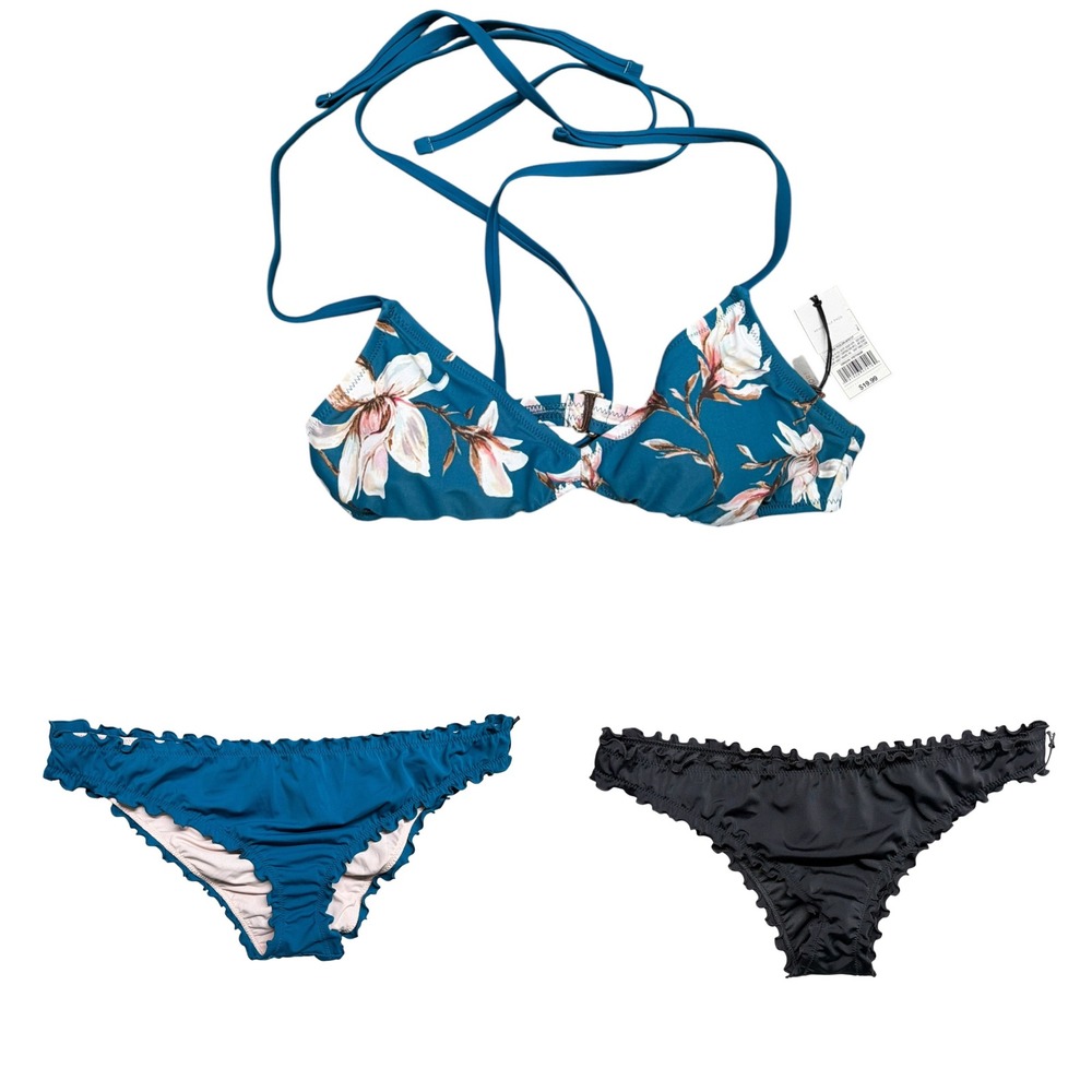 Shade & Shore Womens 3pc Bikini bathing swim suit Set Top Ruffle Bottoms L teal